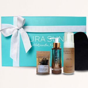 Zestaw prezentowy Aura Sun - Pianka Golden Glow + Rozświetlacz + Herbatka