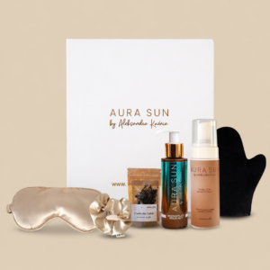 Zestaw prezentowy Aura Sun - Pianka Golden Glow + Rozświetlacz + Mini SPA Box